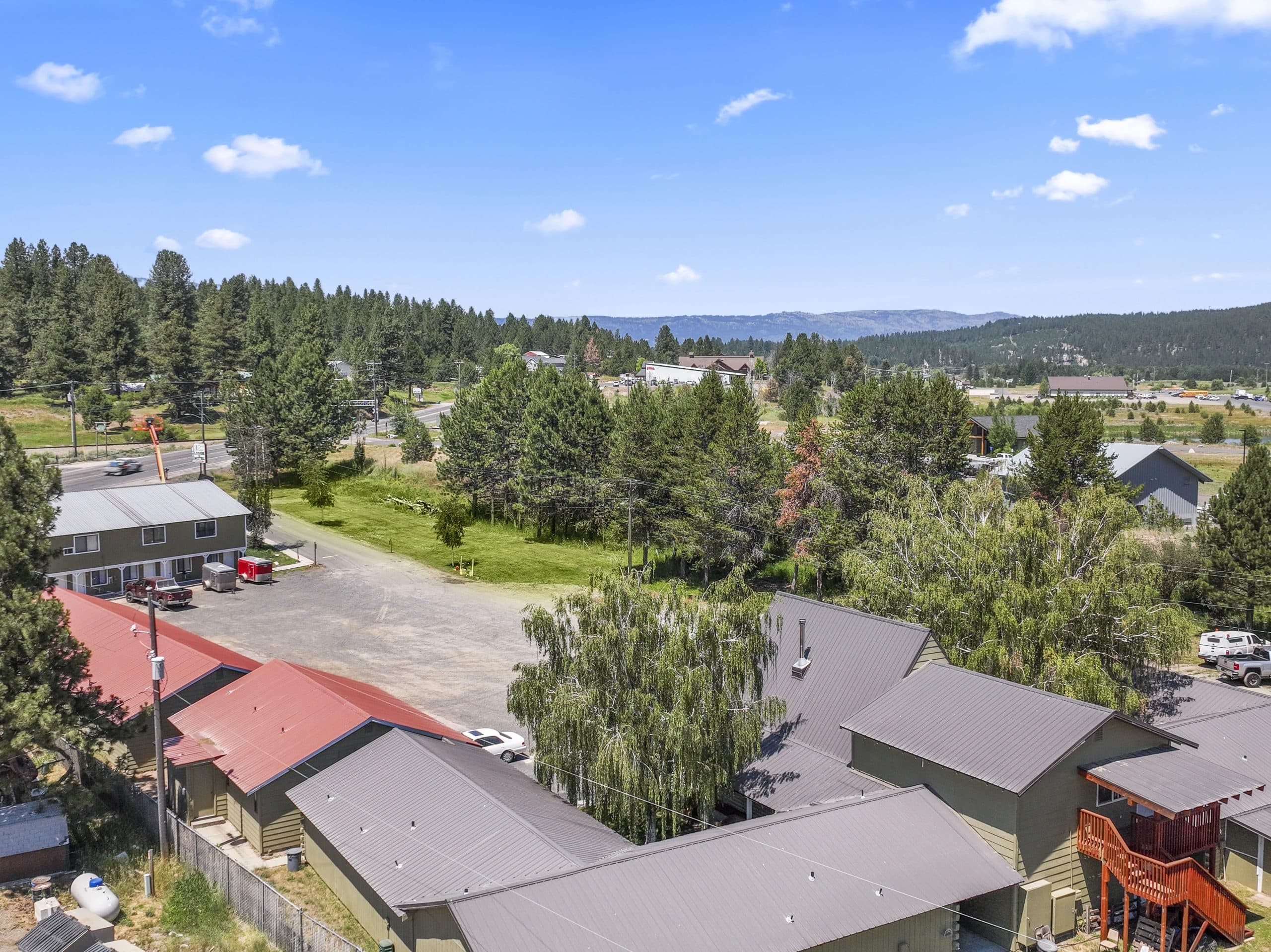 Aerial view of Cascade, Idaho with Lake Cascade and forested mountains